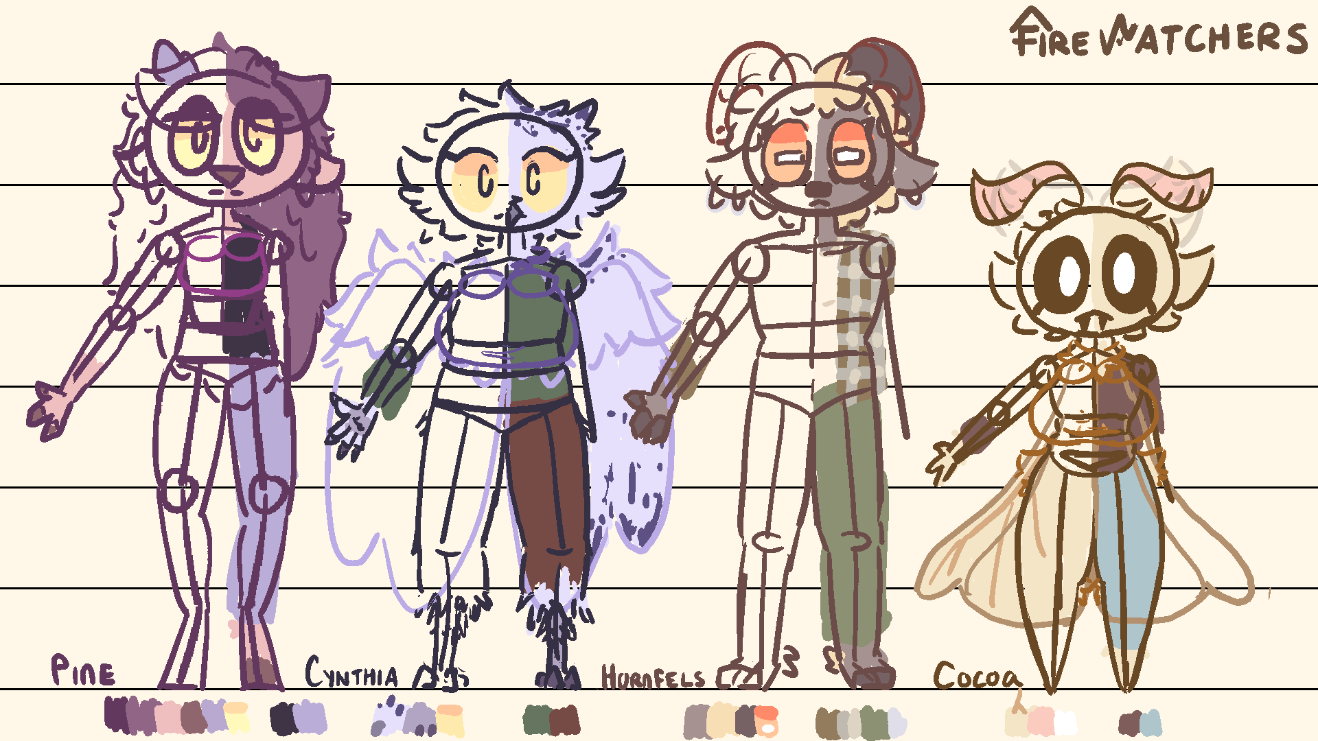 The Fire Watchers crew lineup, showing height, example outfits, and color keys